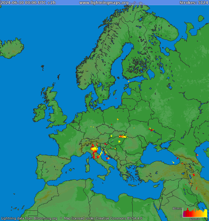 Mappa dei fulmini Europa 10.06.2024 (Animazione)
