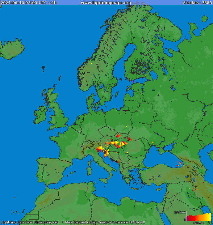 Mapa bleskov Európa 10.06.2024 (Animácia)