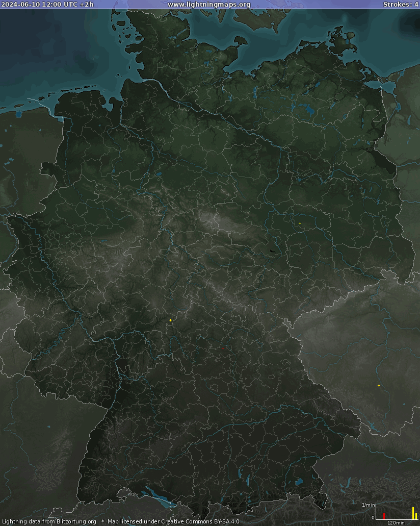Mapa wyładowań Niemcy 2024-06-10 (Animacja)