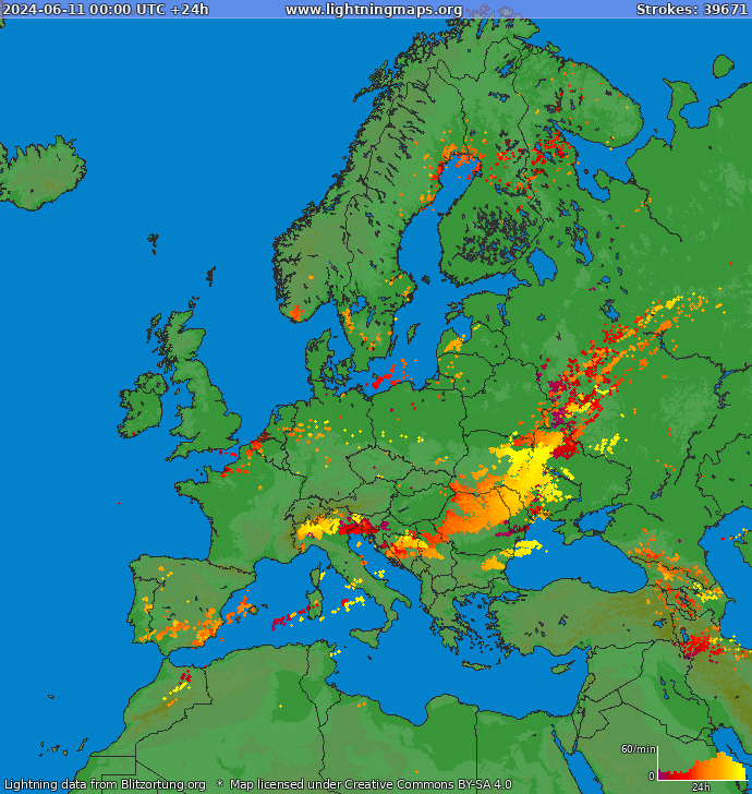 Mapa wyładowań Europa 2024-06-11