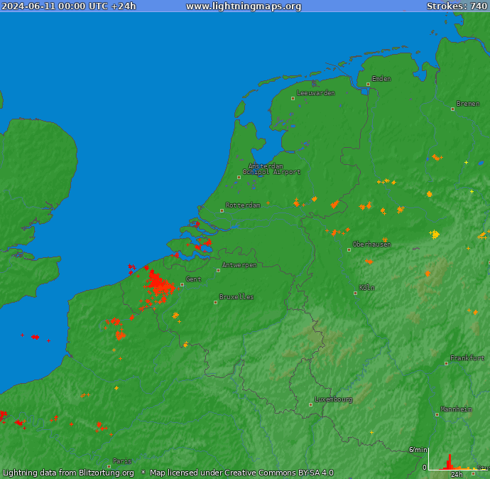 Mapa blesků Benelux 11.06.2024
