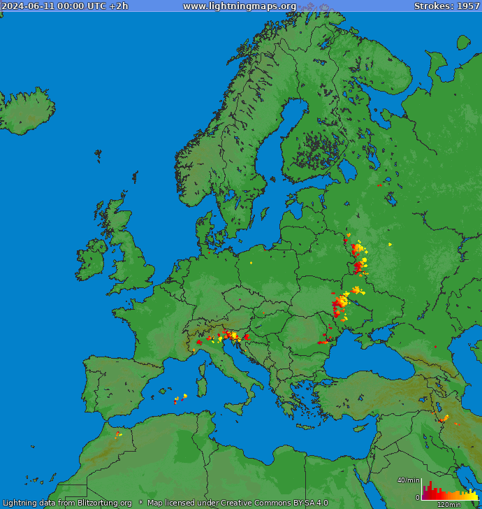 Mapa bleskov Európa 11.06.2024 (Animácia)