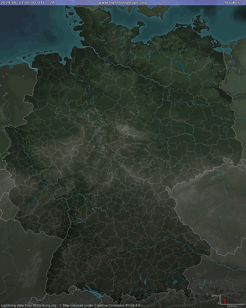 Mapa bleskov Nemecko 11.06.2024 (Animácia)