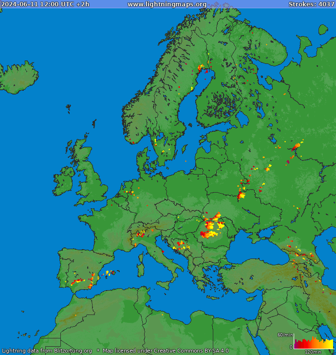 Mapa blesků Evropa 11.06.2024 (Animace)