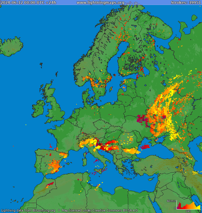 Lightning map Europe 2024-06-12