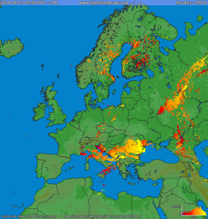 Mappa dei fulmini Europa 13.06.2024