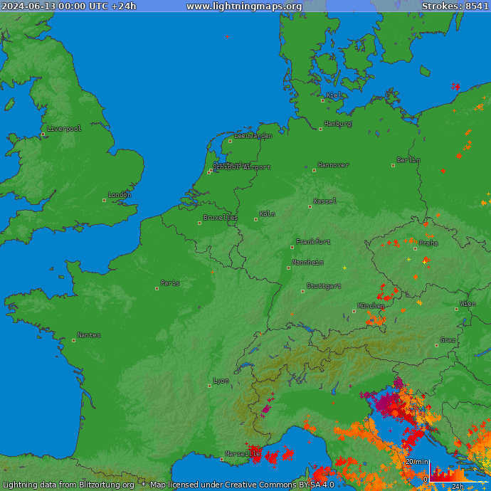 Lightning map Western Europe 2024-06-13