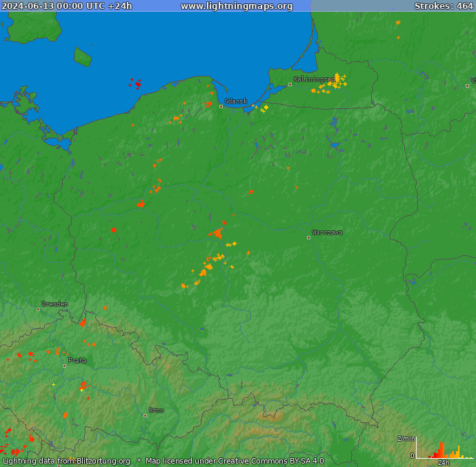 Mappa dei fulmini Polonia 13.06.2024