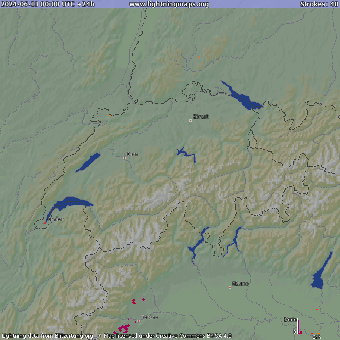 Lightning map Switzerland 2024-06-13