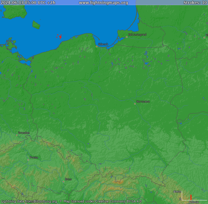 Mapa blesků Polsko 13.06.2024 (Animace)