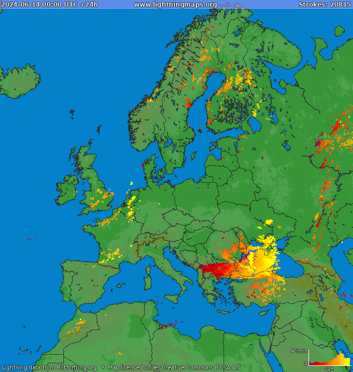 Mappa dei fulmini Europa 14.06.2024