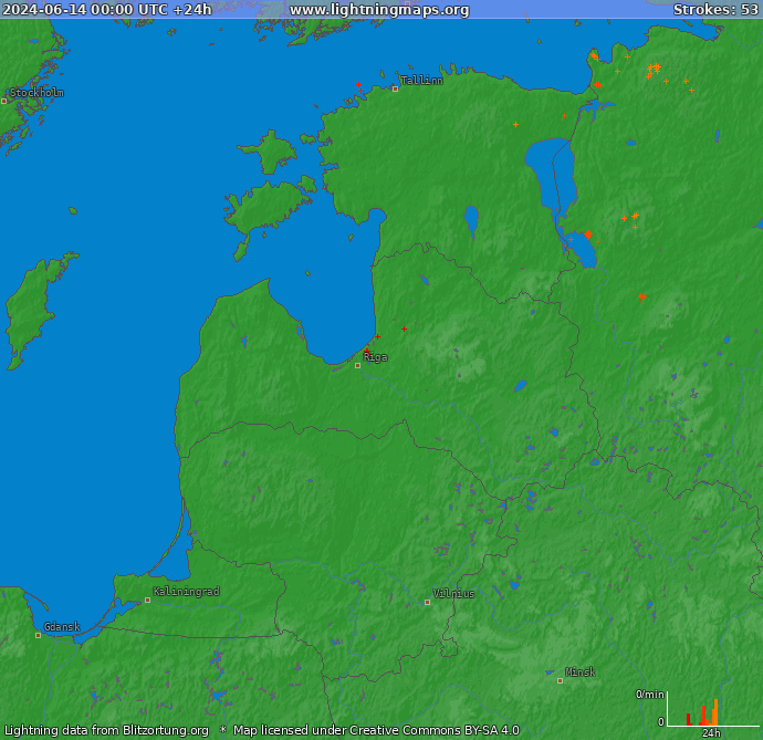 Mapa blesků Baltické státy 14.06.2024