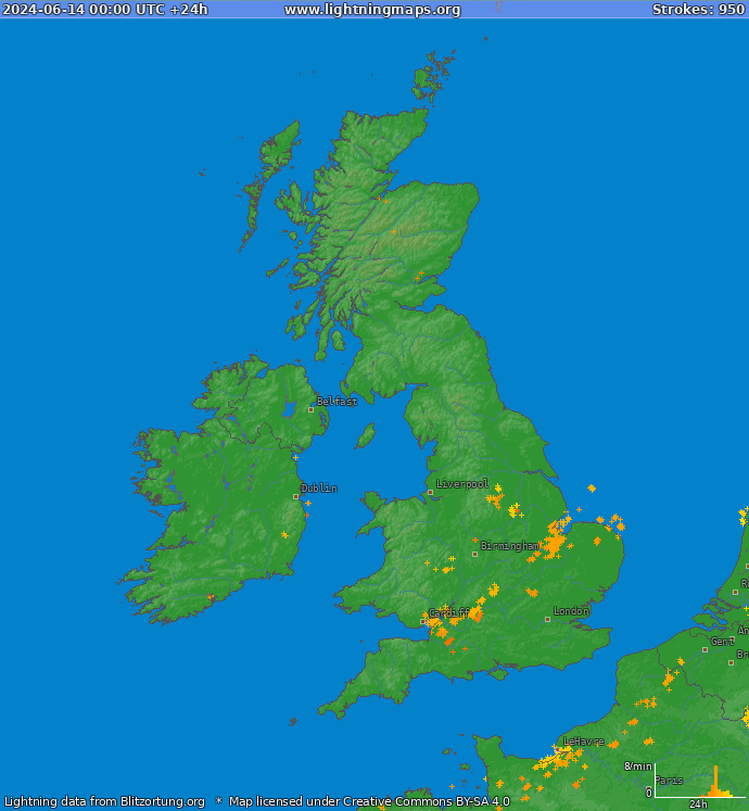 Карта блискавок Великобританія 14.06.2024