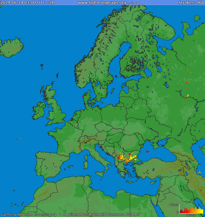 Mapa bleskov Európa 14.06.2024 (Animácia)