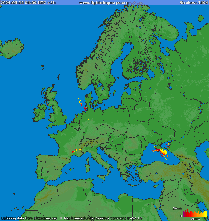 Карта блискавок Європа 15.06.2024 (Анімація)