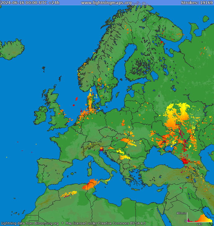 Mappa dei fulmini Europa 16.06.2024