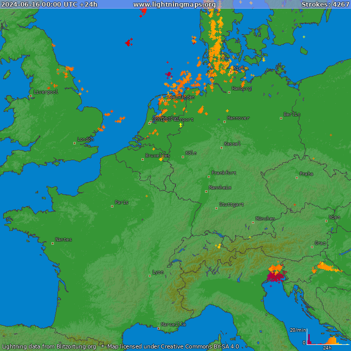 Mappa dei fulmini Europa ovest 16.06.2024