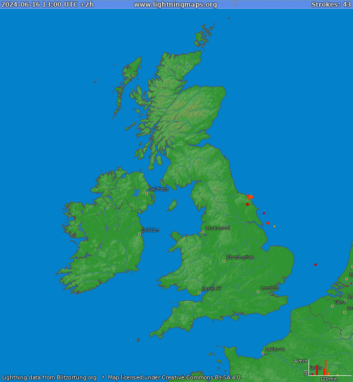 Mapa bleskov Veľká Británia 16.06.2024 (Animácia)