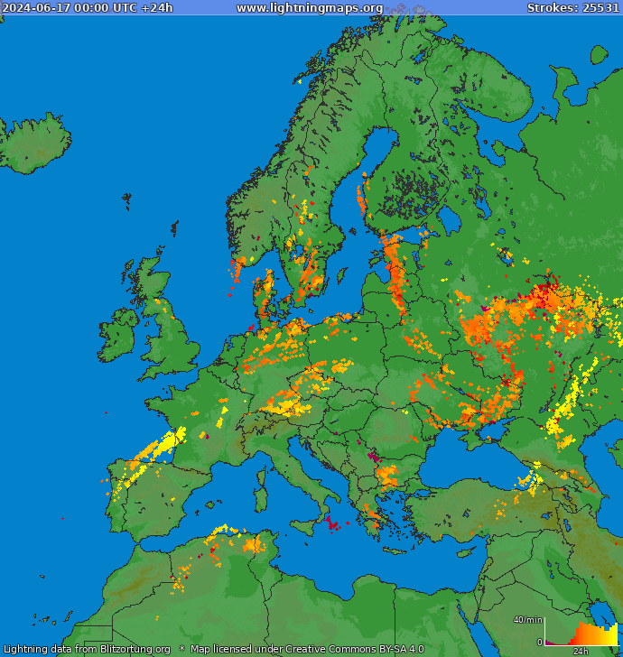 Mappa dei fulmini Europa 17.06.2024