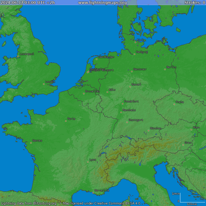 Mapa wyładowań Europa Zachodnia 2024-06-17 (Animacja)