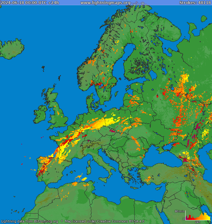 Mappa dei fulmini Europa 18.06.2024