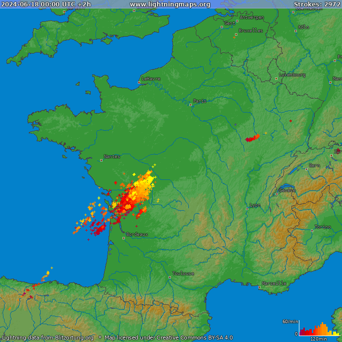 Карта блискавок Франція 18.06.2024 (Анімація)