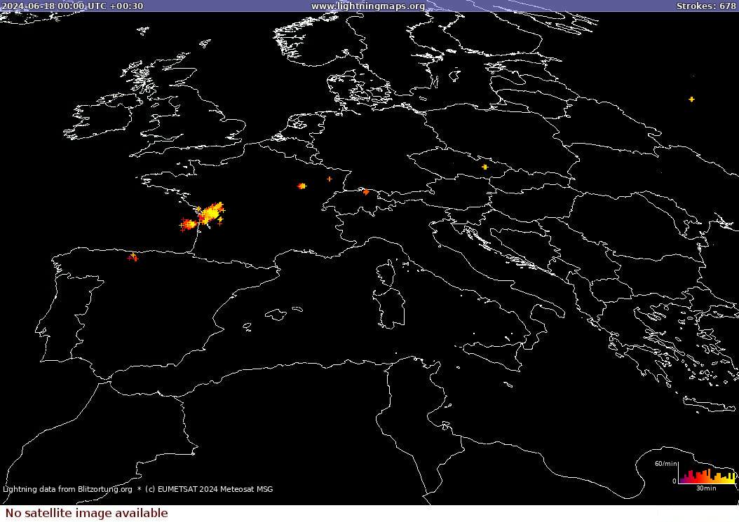 Lightning map Sat: Europe Clouds + Rain 2024-06-18 (Animation)