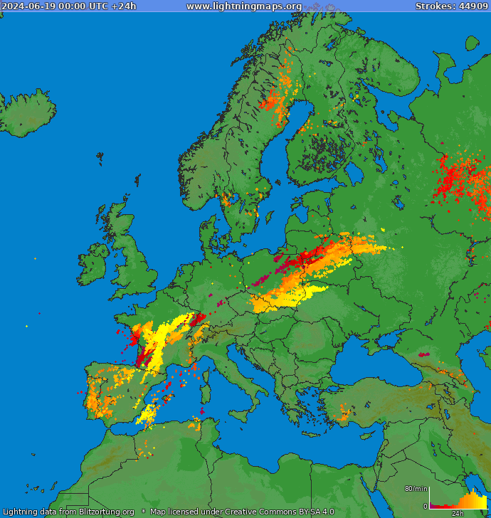 Lightning map Europe 2024-06-19