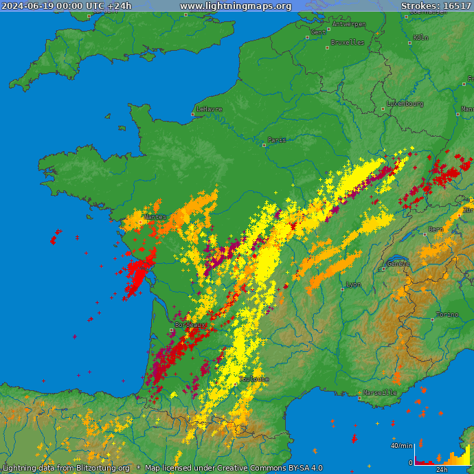 Mappa dei fulmini Francia 19.06.2024