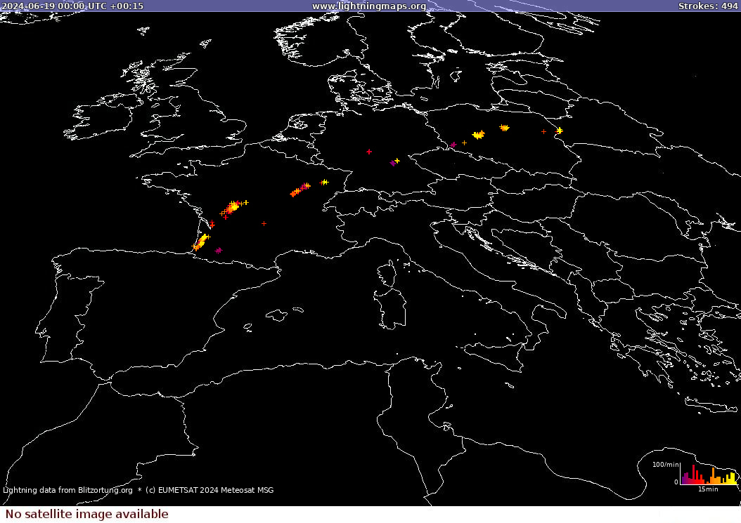 Lightning map Sat: Europe Clouds + Rain 2024-06-19