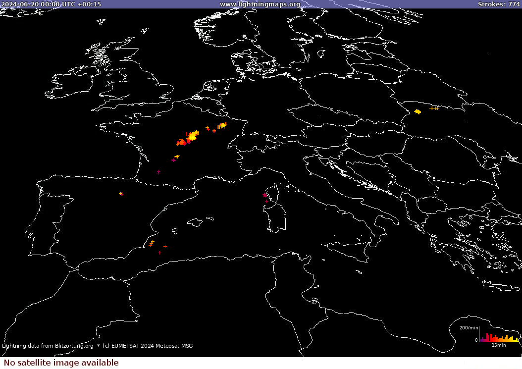 Lightning map Sat: Europe Clouds + Rain 2024-06-20