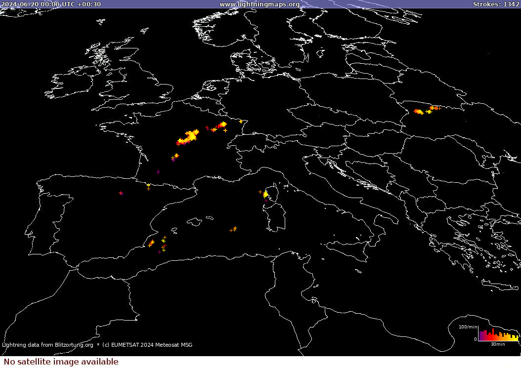 Mappa dei fulmini Sat: Europe Clouds + Rain 20.06.2024 (Animazione)