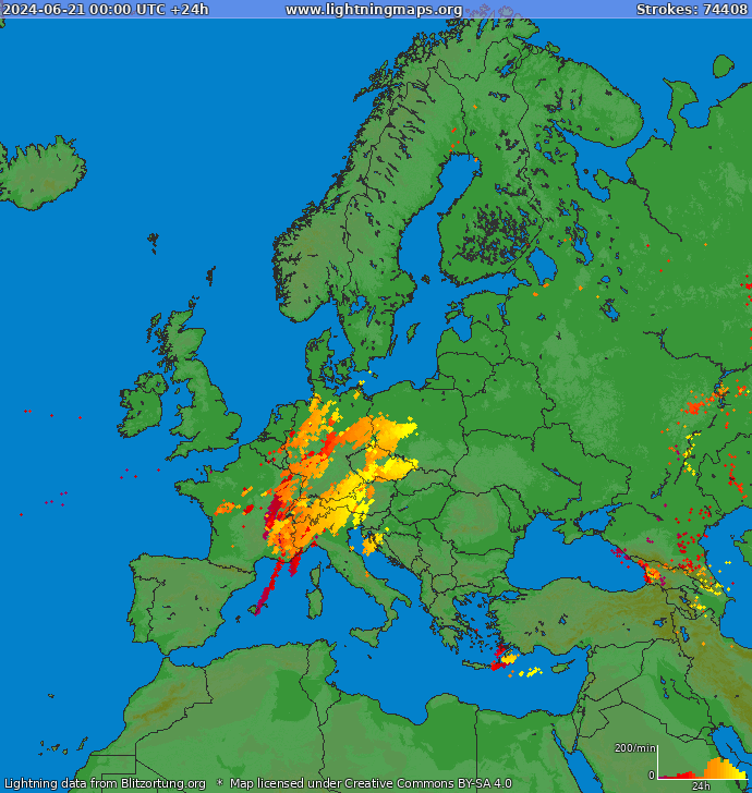 Lightning map Europe 2024-06-21