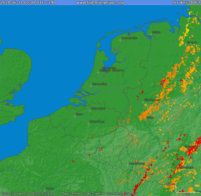 Mappa dei fulmini Benelux 21.06.2024