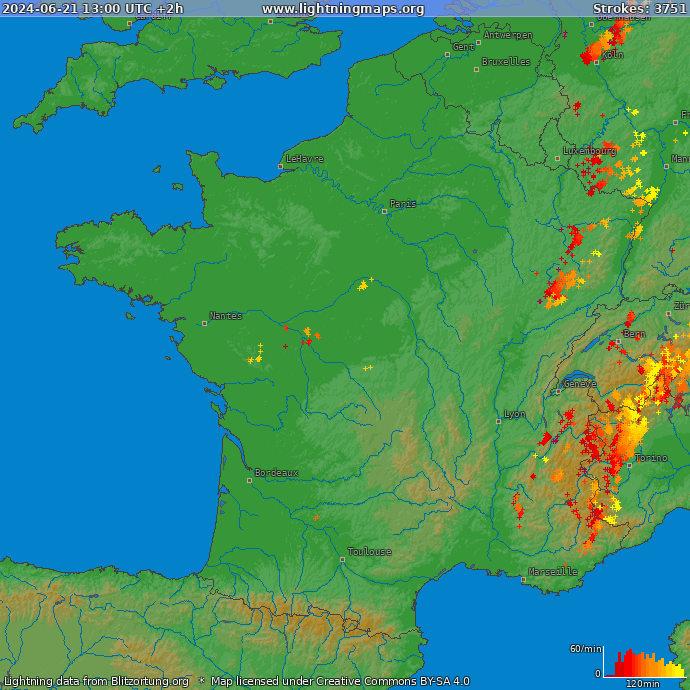 Mappa dei fulmini Francia 21.06.2024 (Animazione)