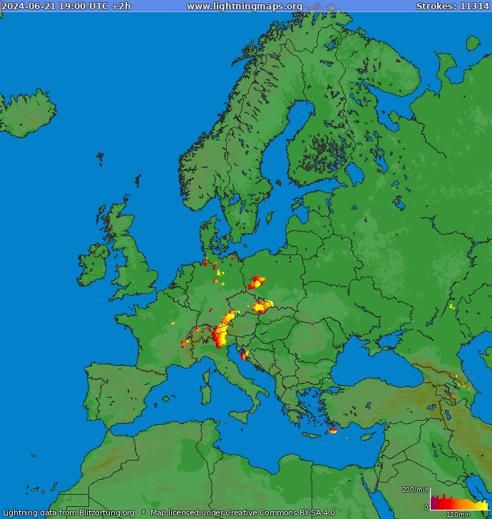 Mapa wyładowań Europa 2024-06-21 (Animacja)