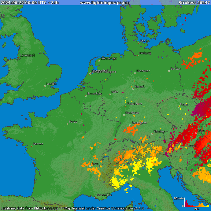 Lightning map Western Europe 2024-06-22