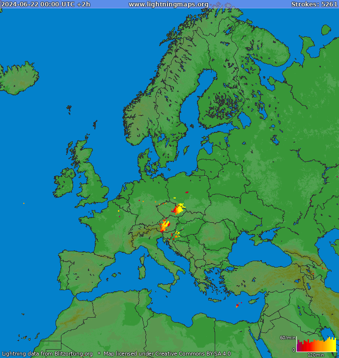 Mapa wyładowań Europa 2024-06-22 (Animacja)