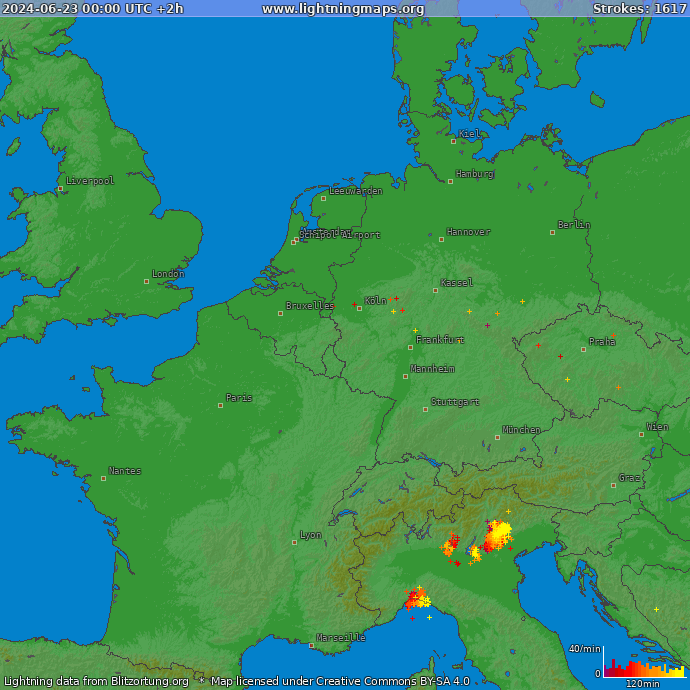 Lightning map Western Europe 2024-06-23 (Animation)