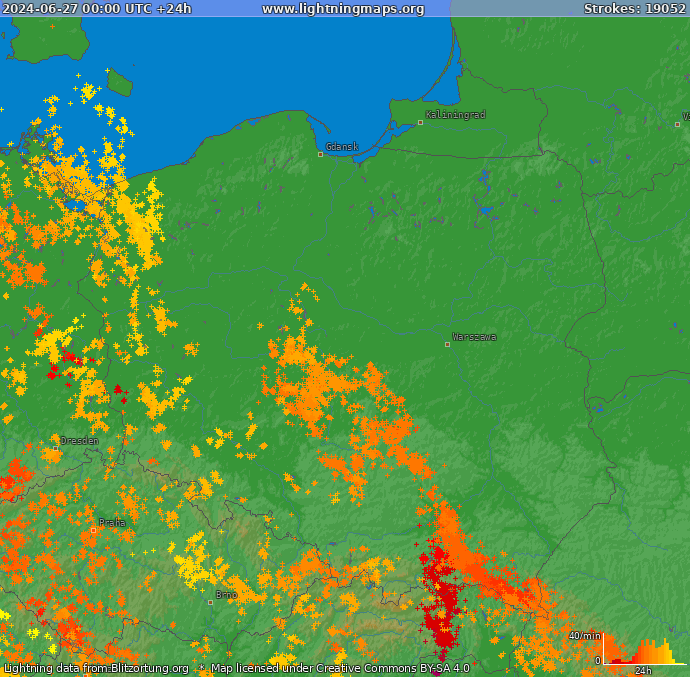 Mapa bleskov Poľsko 27.06.2024