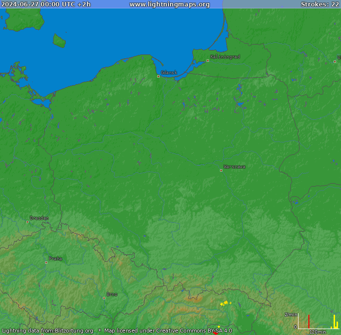 Mapa bleskov Poľsko 27.06.2024 (Animácia)
