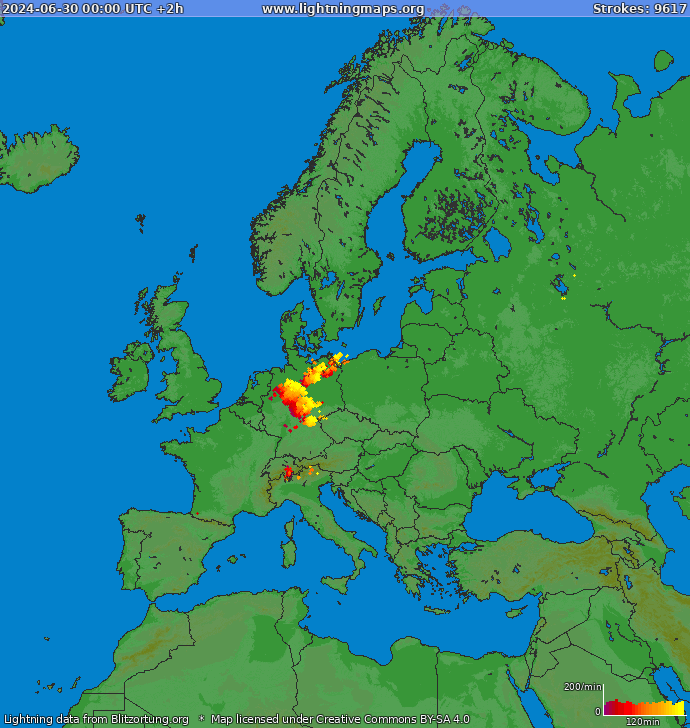 Mapa blesků Evropa 30.06.2024 (Animace)