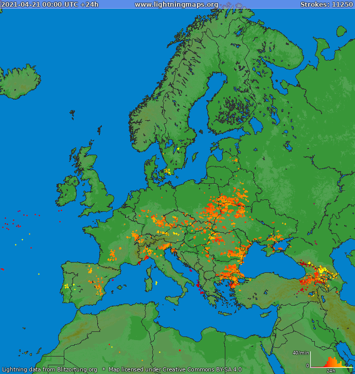 Mapa blesků Evropa 21.04.2021