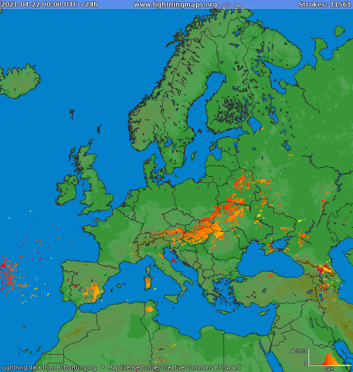 Mappa dei fulmini Europa 22.04.2021