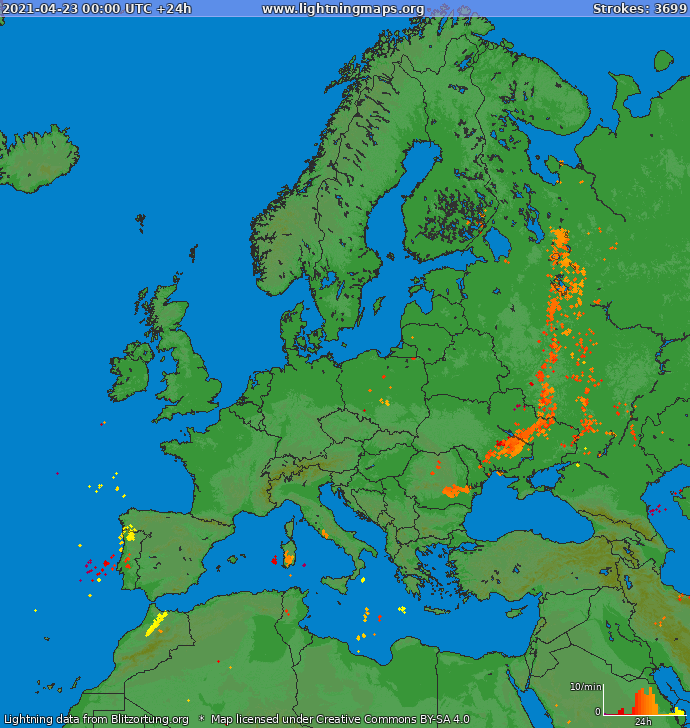 Mapa wyładowań Europa 2021-04-23