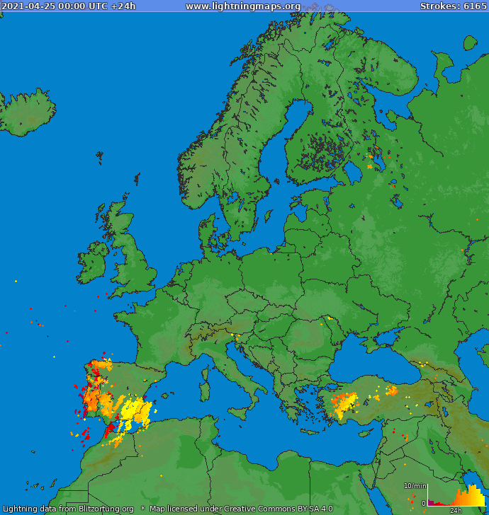 Mappa dei fulmini Europa 25.04.2021