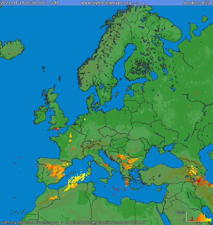 Lightning map Europe 2021-04-28