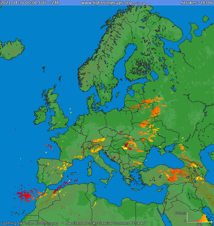 Mapa bleskov Európa 30.04.2021