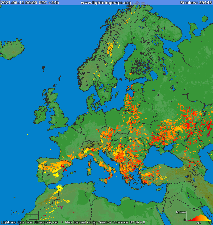 Mapa bleskov Európa 11.06.2021