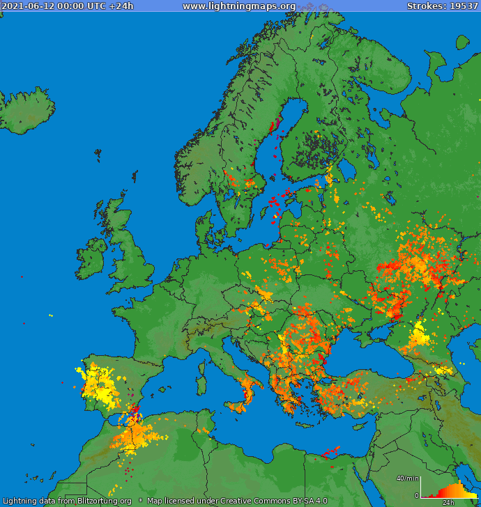 Mapa blesků Evropa 12.06.2021